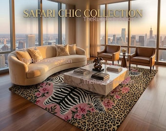 Hand getufteter Wollteppich | Luxus Safari Teppich | Zebra Leopard Design Wohnzimmer 23x30 | Individuell