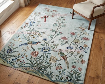 Handgetufteter Wollteppich: Chinoiserie Blumenvogel Design, großflächiger Teppich