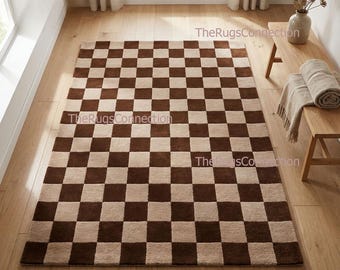Hand getuftet karierter Teppich | Braun Schachbrett Wolle Wohnzimmer 200x300 Custom Handgemacht