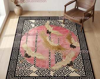 Kranich Kranich Teppich | Asiatischer Stil | Wolle Handgetuftet | Wohnzimmer | 9x12 12x15 | Individuell