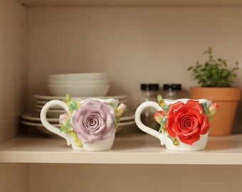 Handcrafted Rose Coffee/Tea Cup| 3D Floral Coffee Cups|Unique Ceramic Flower Mugs| Gifts For Flower Lovers| Floral Kitchen Decor| Flower Art