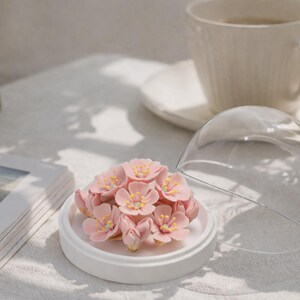 May include: A display of pink cherry blossom flowers with yellow centres, presented on a white circular base, under a clear glass dome. A white teacup and saucer are in the background.