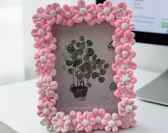Handmade Air-Dry Clay Flower Picture Frame,  Cute Desk Decor, 5x7 inch Photo Frame, Gift for Her, 3D Flower Home Decor