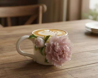 Handcrafted Peony Coffee/Tea Cup| Floral Coffee Cups| Unique Ceramic Floral Mugs| Gifts For Flower Lovers| Floral Kitchen Decor| Flower Art