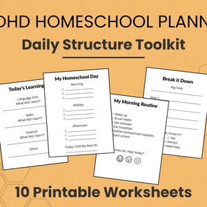 Może przedstawiać: Planer edukacji domowej ADHD z zestawem narzędzi Daily Structure. Zawiera 10 arkuszy do wydrukowania. Arkusze robocze zawierają sekcje dotyczące codziennej nauki, porannych rutyn i podziału zadań. Tło jest jasno pomarańczowe.