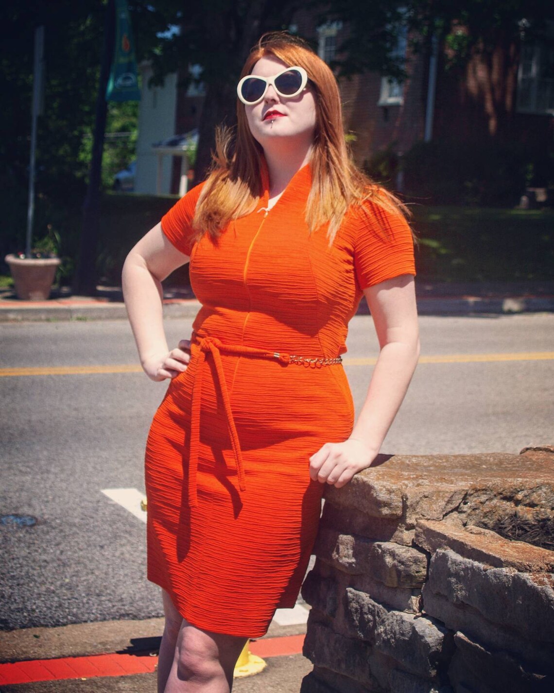 Orange Vintage Dress Textured Fabric Chain Belt MOD Retro Mid Etsy