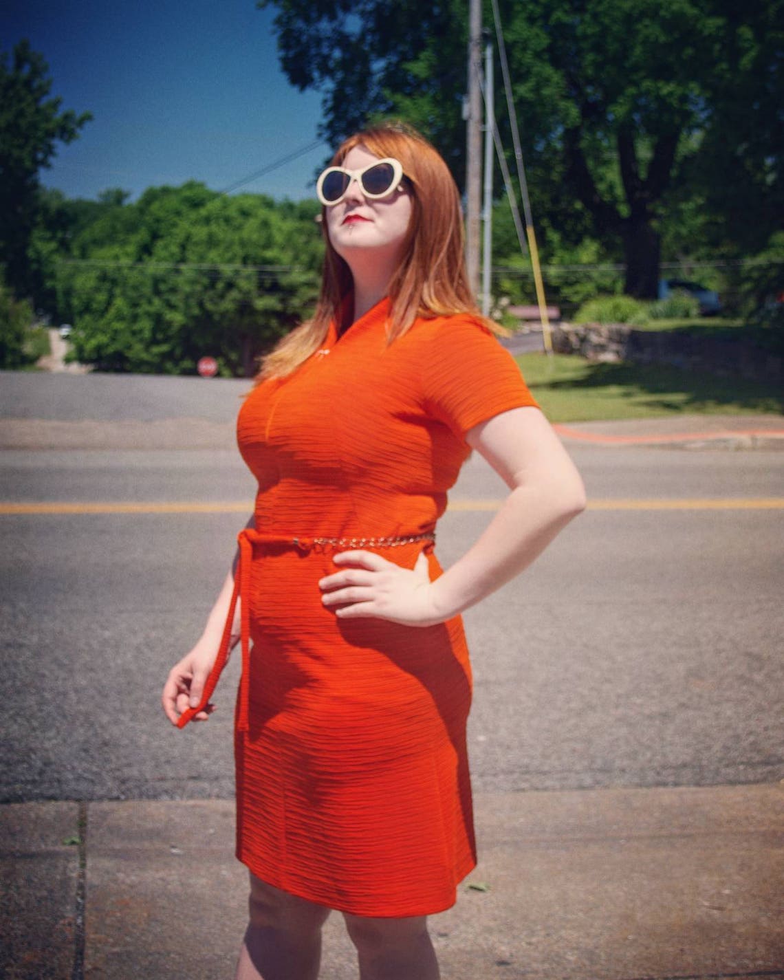 Orange Vintage Dress Textured Fabric Chain Belt MOD Retro Mid Etsy