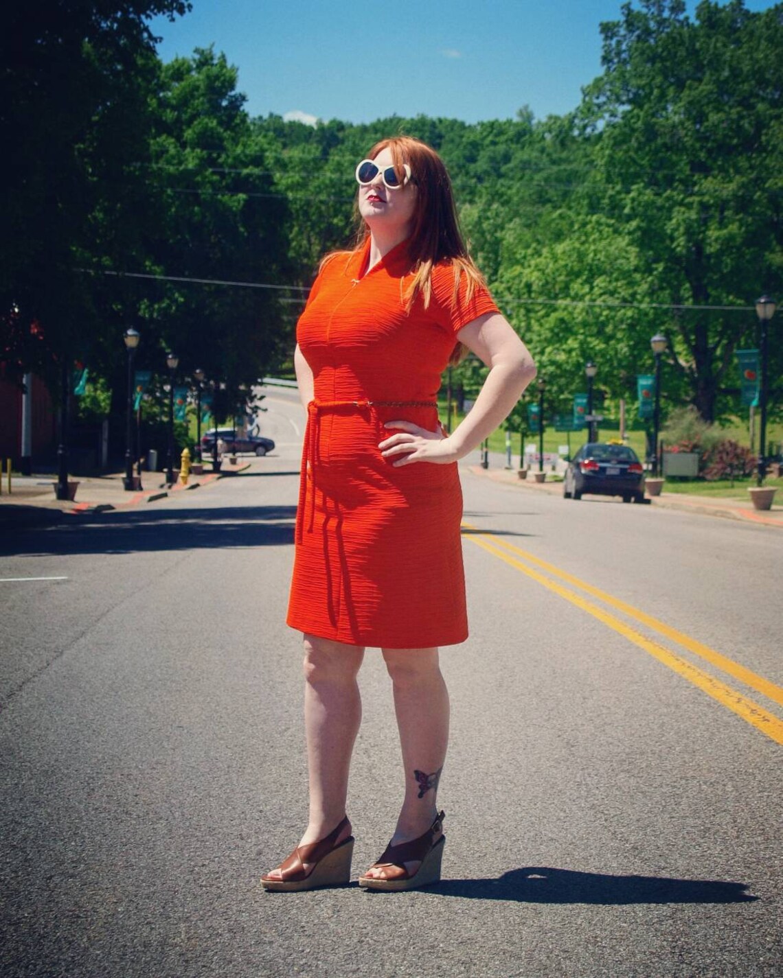 Orange Vintage Dress Textured Fabric Chain Belt MOD Retro Mid Etsy