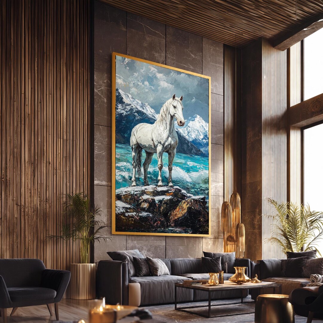White Horse Wall Art Canvas Print, Mountain Lake Landscape, Large ...