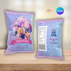 May include: Two party favor bags with a light purple background. One bag features three animated characters, a disco ball, and the name "Sophia". The other bag has a blue cartoon character and the text "Thank You For Coming!"