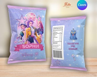 Chip Bag K-pop Demon Hunters, birthday party favor, potato chip bag labels, editable in Canva, instant download