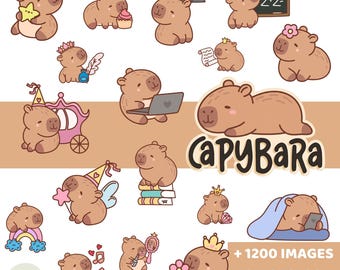 Capybara PNG Clipart, +1500 Files, Kawaii Animated Capybara Clipart Pack, Digital Papers, ABC, Instant Download