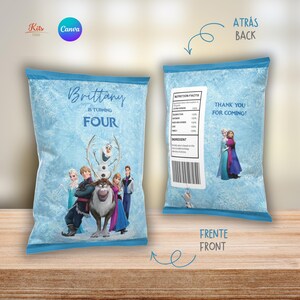 May include: Two light blue snack bags featuring Frozen characters. The front displays Brittany is turning four with Elsa, Anna, Kristoff, Sven, and Olaf. The back shows a nutrition facts label, a barcode, and the text Thank you for coming.