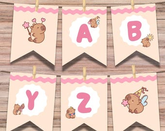 Capybara banner pennant, printable birthday pennants, pink capybara pennant, party banner, editable file in Canva