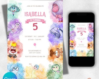 Digitale Geburtstagseinladung zu „Alles steht Kopf 2“, Kindergeburtstagseinladung, bearbeitbare Canva-Vorlage, sofortiger Download