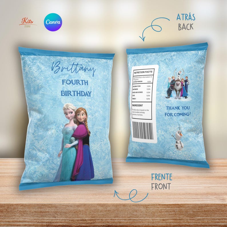 May include: Two custom crisp packets featuring a light blue icy pattern. The front displays the text Brittany Fourth Birthday with Elsa and Anna. The back shows a nutrition facts label, a group of characters, the text Thank You For Coming, and Olaf.