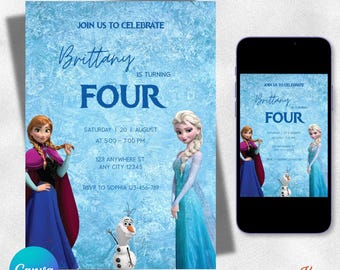 Einladung zum Geburtstag im Stil der Eiskönigin, bearbeitbare Vorlage in Canva, Elsa und Anna, Einladung zur Eisprinzessin, digitale Karte zum sofortigen Download