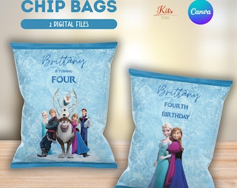 Gefrorene Chipstüte, bearbeitbare Vorlage in Canva, 2 Dateien, Gastgeschenk für Geburtstagsfeiern, Chipstütenverpackung mit Anna- und Elsa-Motiv