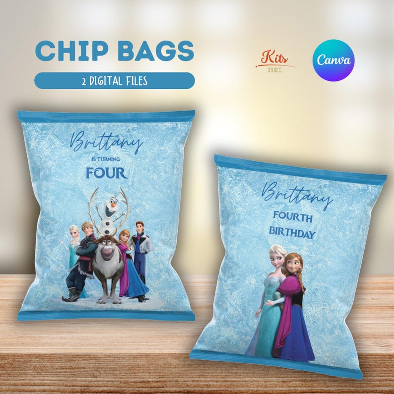 May include: Two blue digital chip bag templates featuring Frozen characters. The left bag reads Brittany is turning FOUR with Elsa, Anna, Kristoff, Sven, and Olaf. The right bag reads Brittany FOURTH BIRTHDAY with Elsa and Anna. Both have icy patterns.