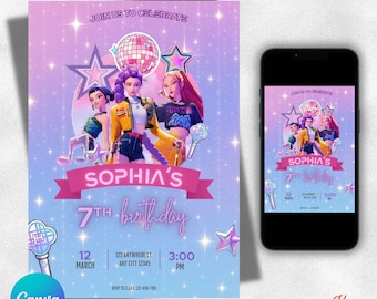 K-Pop-Geburtstagseinladung im Demon Slayer-Stil, bearbeitbare Canva-Vorlage, Einladung zum Thema K-Pop-Krieger, sofortiger Download