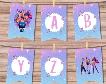 Kpop-Dämonenjäger-Wimpelkette, druckbare Geburtstagswimpel, Partybanner, Kpop-Krieger, bearbeitbare Datei in Canva