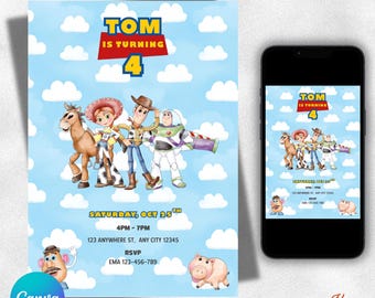 Toy Story watercolor birthday invitation, editable template in Canva, Woody, Buzz, Jessie, Toy Story birthday party, digital card