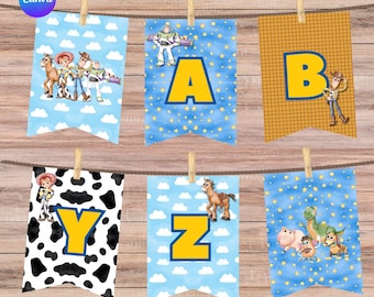 Toy Story Aquarell-Wimpel, Partywimpel, Buzz Lightyear und Woody Partydekorationen, bearbeitbare digitale Datei in Canva