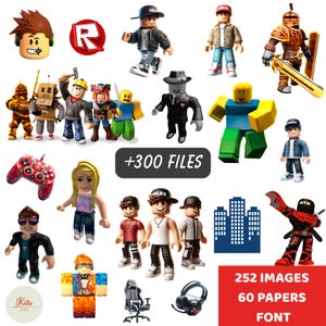 Puede incluir: Una colección de gráficos digitales con varios avatares estilo Roblox, un logo rojo, un mando de juego, una silla gaming, auriculares y una silueta de ciudad. La imagen incluye el texto +300 FILES, 252 IMAGES, 60 PAPERS y FONT.