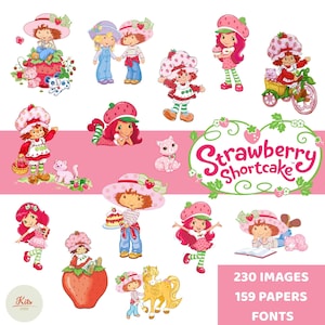 May include: A collection of Strawberry Shortcake illustrations. The image features various characters in pink and red outfits, with strawberry-themed hats and accessories. The image also includes the text "Strawberry Shortcake", "230 Images", "159 Papers", and "Fonts".