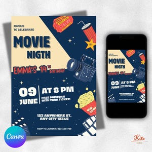 Puede incluir: Una invitación a una noche de cine con un fondo azul marino, con una ilustración de una cámara de cine vintage, palomitas de maíz y una entrada de cine. La invitación dice "Noche de Cine" y "14º Cumpleaños de Emma". Un smartphone muestra el mismo diseño.