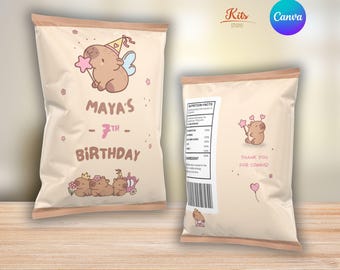 Capybara Chip Bag Labels, Chip Bag Labels, Birthday Party Favor, Editable Template in Canva, Instant Download
