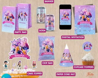 K-Pop-Dämonenjäger-Geburtstagsset, bearbeitbare Canva-Vorlage, druckbares Party-Set, Chipstüte, Limonade, Einladung im K-Pop-Krieger-Stil