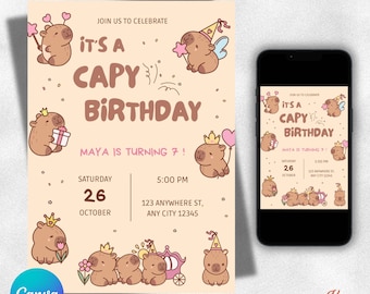 Digitale Einladung zum Capybara-Geburtstag, Geburtstagseinladungen, rosa Capybara, Capybara-Geburtstag, in Canva bearbeitbar, sofortiger Download