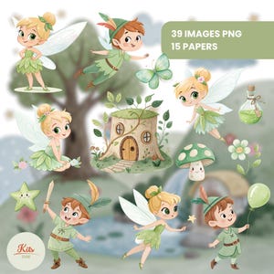 Puede incluir: Una colección digital de 39 imágenes PNG y 15 papeles con hadas, un niño con túnica verde, una casa en un tocón de árbol, una seta, una estrella, una mariposa, una botella de poción y un globo, todo en una paleta de colores verdes.