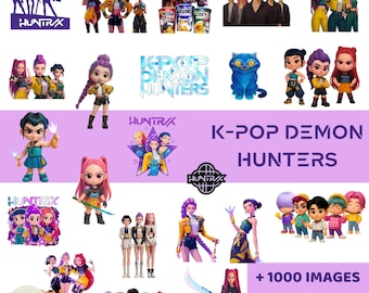 K-Pop-Dämonenjäger-PNG-Cliparts, digitale Papiere, Huntrix-Clipart-Paket, Chibi-PNGs, K-Pop-Krieger, Saja-Jungen und -Mädchen