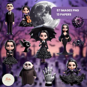 Puede incluir: Una colección digital de 57 imágenes PNG y 13 papeles con personajes de estilo caricatura en trajes negros, incluyendo un hombre con bigote, una niña con trenzas y un violonchelo, una niña con paraguas, una araña y una mano desencarnada.