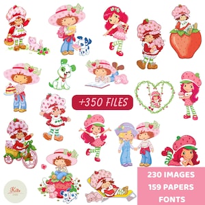 May include: A digital collection of Strawberry Shortcake character illustrations featuring various poses, outfits, and pets. The set includes 350 files, 230 images, 159 papers, and fonts, with text overlays stating +350 FILES, 230 IMAGES, 159 PAPERS, FONTS.