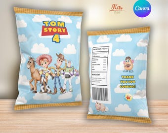 Toy Story Chip Bag, Toy Story watercolor party favor wrapper, Buzz Lightyear and Woody chip bag, digitally editable label
