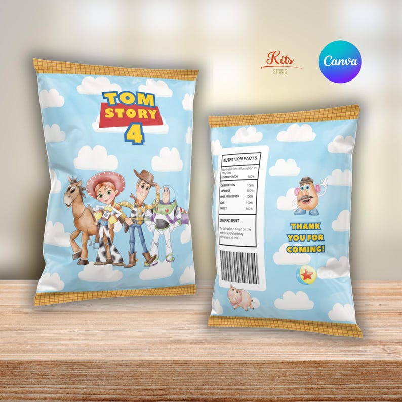 Toy Story-chipspåse, Toy Story-akvarell festpresentomslag, Buzz Lightyear och Woody-chipspåse, digitalt redigerbar etikett bild 1