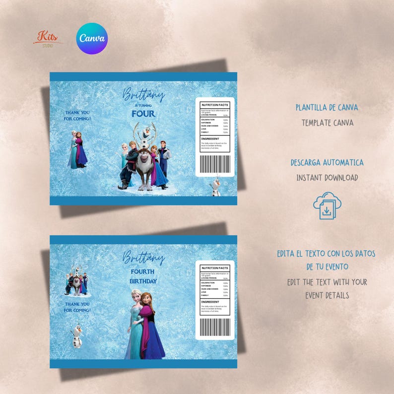 May include: A digital party favour wrapper template featuring a light blue snowflake background, characters from Frozen, and text including Brittany is turning four, fourth birthday, and thank you for coming, alongside a nutrition facts label and barcode.
