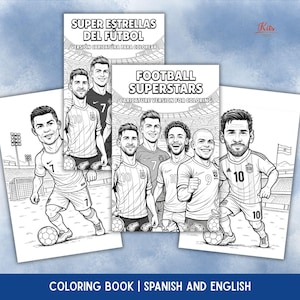 Puede incluir: Varios libros para colorear con ilustraciones de dibujos animados de estrellas de fútbol. Las portadas muestran los textos "SUPER ESTRELLAS DEL FÚTBOL" y "FOOTBALL SUPERSTARS". También es visible la frase "COLORING BOOK | SPANISH AND ENGLISH".