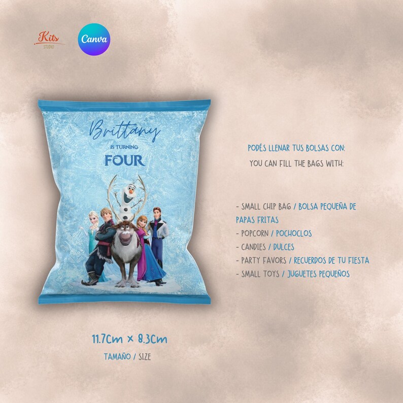 May include: A light blue rectangular party favour bag featuring a frozen-themed graphic with characters including Olaf, Elsa, Anna, Kristoff, and Sven. The text reads Brittany is turning FOUR. The bag measures 11.7cm x 8.3cm and is for small items.