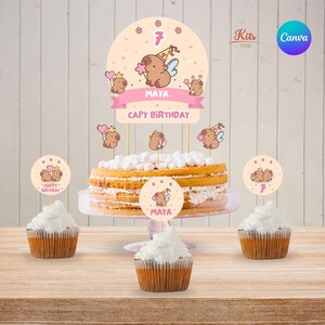 Cake topper capibara, decoracion para torta de cumpleaños, cupcakes topper, adorno imprimible capibara rosa nena, plantilla editable Canva
