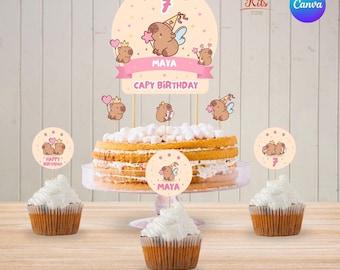 Tortenaufsatz mit Wasserschwein, Geburtstagstortendekoration, Cupcake-Aufsatz, druckbare rosa Wasserschwein-Mädchen-Dekoration, bearbeitbare Canva-Vorlage