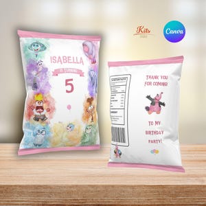 May include: Two white chip bags with pink trim. One bag features the text "ISABELLA IS TURNING 5" with colorful cartoon characters. The other bag says "THANK YOU FOR COMING! TO MY BIRTHDAY PARTY!"