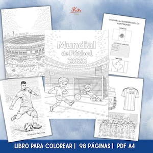Puede incluir: Una colección de páginas de libros para colorear en blanco y negro con temas de fútbol. Las páginas presentan ilustraciones de jugadores de fútbol, estadios, banderas y el texto "Mundial de Fútbol 2026". También se ve el texto "LIBRO PARA COLOREAR | 98 PÁGINAS | PDF A4".