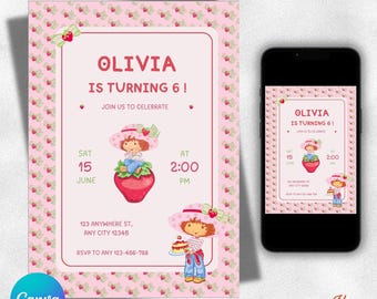 Digitale Einladung zur Erdbeer-Charlotte-Geburtstagsparty, Erdbeer-Charlotte-Einladung, bearbeitbare Vorlage in Canva, sofortiger Download