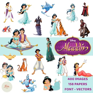 Puede incluir: Una colección de ilustraciones digitales con personajes y elementos de Aladdin de Disney. Las imágenes incluyen a Aladdin, Jasmine, el Genio y un tigre, en varias poses y escenarios. También incluye el texto "400 IMAGES, 158 PAPERS, FONT - VECTORS."
