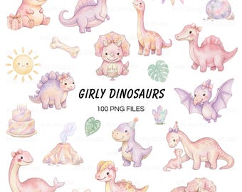 Aquarell-PNG-Cliparts von weiblichen Dinosauriern, rosa Baby-Dinosaurier-Clipart-Paket, Babyparty, digitale Pastell-Dinosaurier