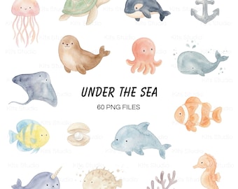 Unterwasser-Cliparts (Aquarell, PNG), pastellfarbene Meerestiere, niedliche Baby-Meerestiere-Cliparts, Meeresleben